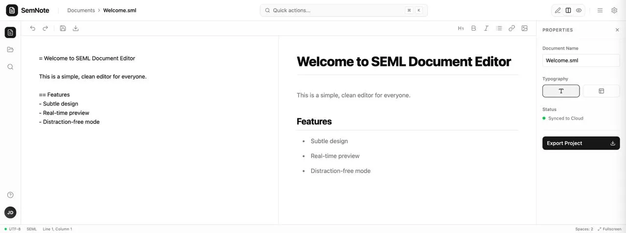 Semnote document editor showing a fuller workspace layout